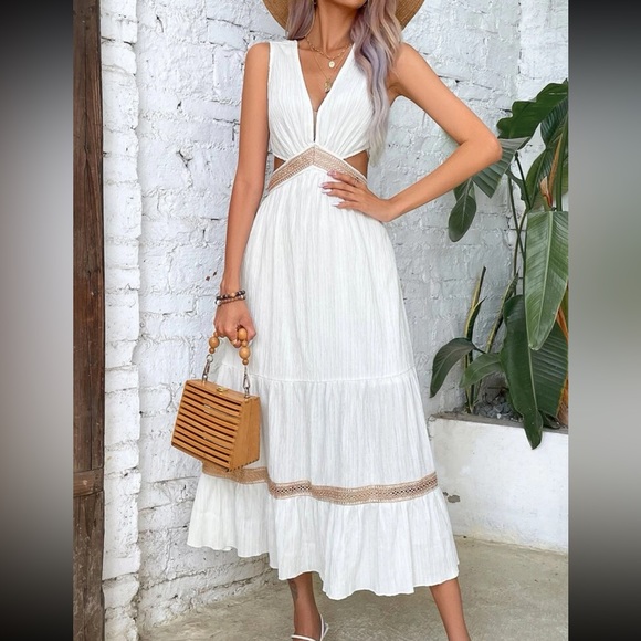 Hot Pink Sheer Lace Cut Out Ruffle Hem Tie Back Dress - Picture 9 of 13